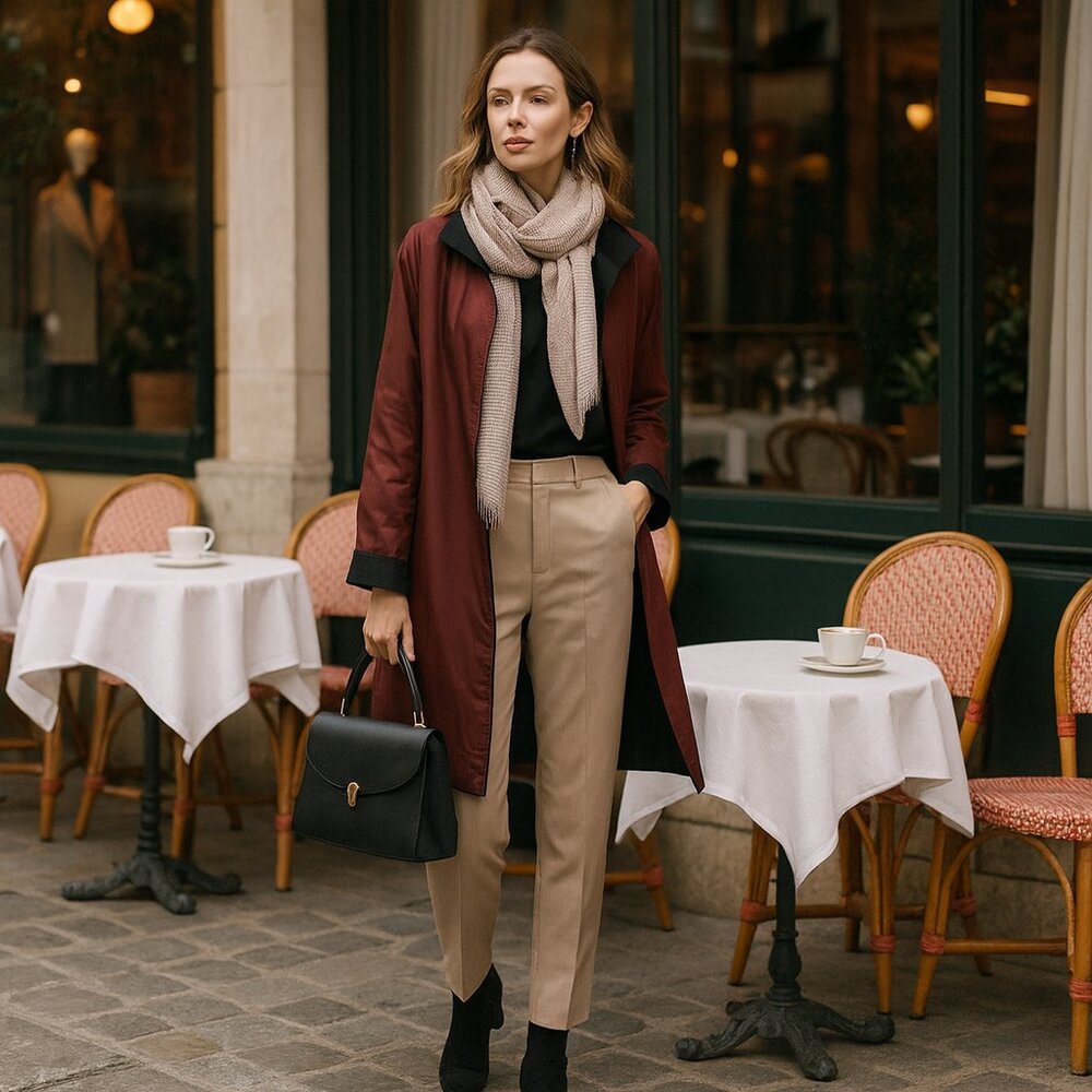 Vintage Reversible Zip-Up Coat — Burgundy & Black, Classic Minimalist Style